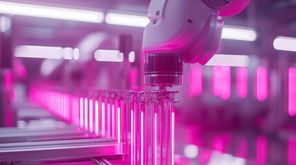 Poster - Optimization through digital transformation, a robotic arm fine-tuning industrial machinery under bright neon lights