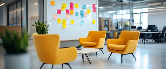 Poster - Modern office space with yellow chairs and a wall of colorful sticky notes.