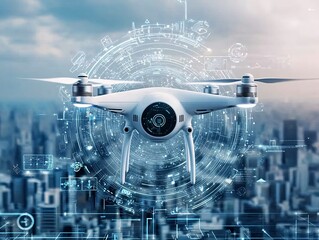 Poster - optimization with ai-powered systems, futuristic drones delivering solutions in a high-tech metropol