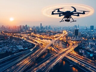 Poster - optimization with ai-powered systems, futuristic drones delivering solutions in a high-tech metropol
