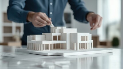 Poster - A person is assembling a detailed architectural model, showcasing creativity and precision in design.