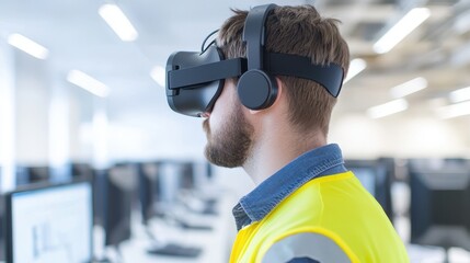 Poster - A man wearing a VR headset and headphones, dressed in a yellow safety vest, is immersed in a virtual environment in a tech workspace.