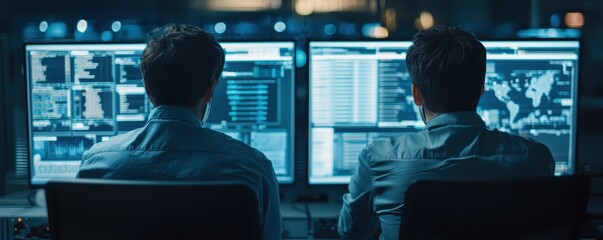 Poster - Two individuals analyze data on dual monitors in a dimly lit room, showcasing a high-tech environment focused on information processing.