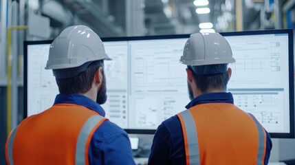Poster - Two workers in safety gear analyze data on screens in an industrial setting, highlighting teamwork and technology.
