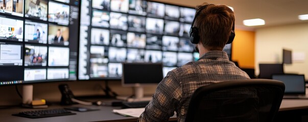 Poster - A focused professional monitors multiple screens, showcasing a high-tech environment with surveillance or control room activities.