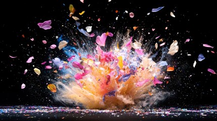 Poster - Dynamic explosion of colorful flower petals spring festivity digital art dark background vibrant atmosphere