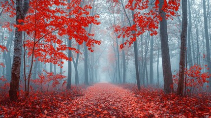 Poster - Amidst a tranquil autumn forest, brilliant red leaves blanket the pathway as mist softly envelops the trees, evoking a magical and peaceful atmosphere in nature