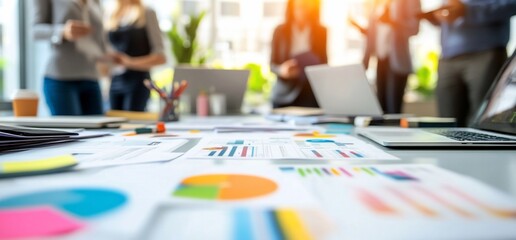Poster - Office workspace with charts, laptops, and a collaborative atmosphere.