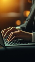 Poster - Closeup of Hands Typing on Laptop Keyboard at Night in Warm Light Setting
