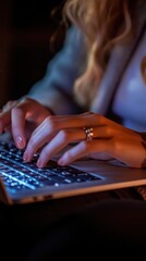 Poster - Woman Working on Laptop at Night Cozy Atmosphere Home Office Typing Keys Illuminated Keyboard