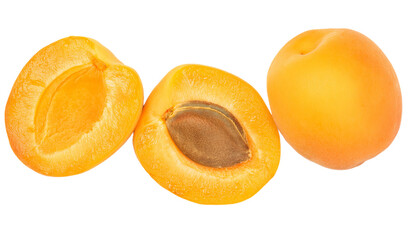 Wall Mural - Ripe apricots whole and halved on transparent background