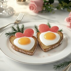 Wall Mural - A charming breakfast plate featuring heart-shaped toast with eggs and sweet decorations, perfect for a romantic meal or special occasion.