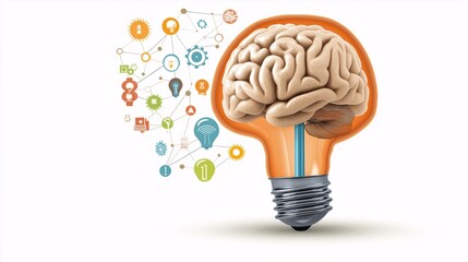 Poster - Innovative Concepts of Artificial Intelligence and Brain Functionality Merged in a Creative Light Bulb Design Representing Ideas and Technology Integration