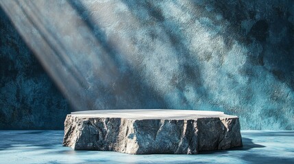 Aufkleber - A beautifully crafted podium made of natural rock stands prominently against a textured blue backdrop