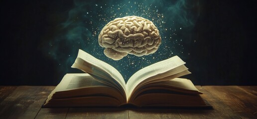 Poster - A brain hovering above an open book, symbolizing knowledge and learning.
