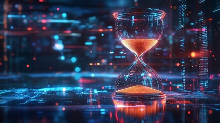 Poster - A digital hourglass surrounded by vibrant data streams and glowing particles.