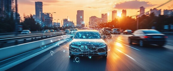Poster - A futuristic car driving on a busy highway at sunset with digital elements.