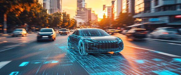 Aufkleber - A futuristic car with a digital overlay navigating a city street.