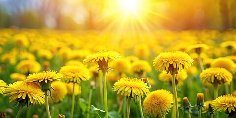 Wall Mural - A beautiful field of vibrant yellow dandelion flowers blooming under the sun, dandelion, field, meadow, nature, spring