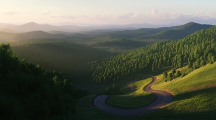 Poster - A winding mountain road meanders through a dense dark green forest, offering a peaceful escape into nature with fading sunlight illuminating the scene