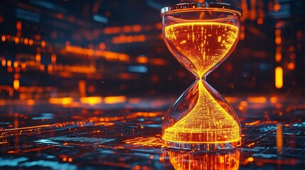 Aufkleber - A glowing hourglass filled with liquid, set in a futuristic digital environment.