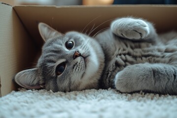 Wall Mural - A cat is laying in a cardboard box