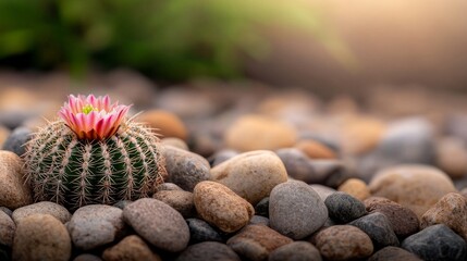 Aufkleber - Close-up of a blooming cactus displaying vivid pink flowers against a backdrop of small, smooth pebbles, emphasizing natural beauty in a desert environment
