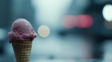 Aufkleber - Enjoy the rich color and creamy texture of strawberry ice cream served in a waffle cone, perfectly contrasting against a smooth gray background with ample copy space