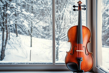 Wall Mural - Violin resting by a frosty window in winter