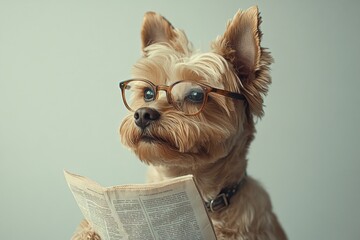 Wall Mural - A dog is wearing glasses and reading a book