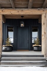 Canvas Print - Modern Farmhouse Entrance With Wooden Beams And Dark Exterior