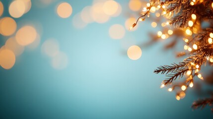 Poster - A spruce branch with frosted tips sparkles with golden fairy lights, creating a festive atmosphere enhanced by a dreamy blue bokeh backdrop