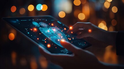 Poster - A person interacts with a futuristic tablet displaying holographic data.