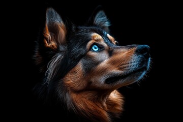 Wall Mural - A black and white photo of a dog with blue eyes