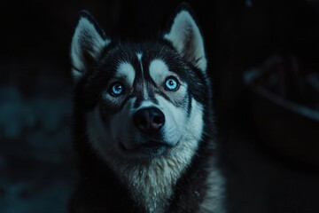 Wall Mural - A black and white photo of a dog with blue eyes