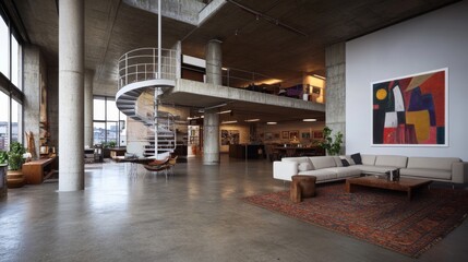 Poster - Open and inviting interior of a stylish loft apartment showcases a spiral staircase, cozy sectional sofa, and contemporary art against exposed concrete walls