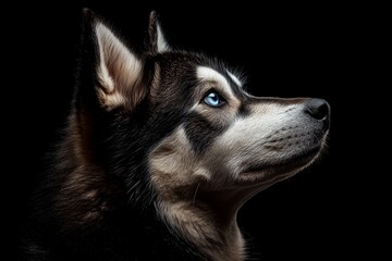 Wall Mural - A black and white photo of a dog with blue eyes