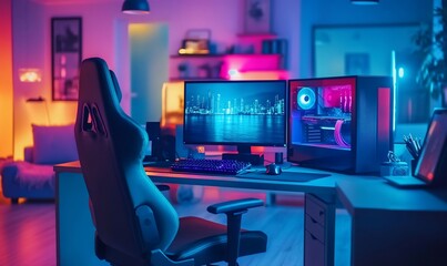 Poster - A vibrant gaming setup featuring dual monitors and an ergonomic chair.