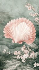 Wall Mural - Pink Seashell Watercolor Painting with Delicate Flowers