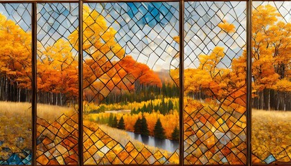 Poster - Spectacular Autumn Season Abstract Pattern in Mosaic Glass Background Featuring Vibrant Yellow Hues, Capturing the Essence of Fall with Artistic Flair and Unique Textures for Home Decor Inspiration
