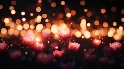 Leinwandbilder - Delicate flowers radiate beauty in a landscape of glowing bokeh lights. Rich colors create a sense of magic, emphasizing nature's brilliance in soft illumination