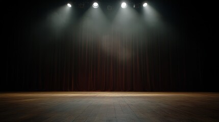 Aufkleber - A powerful overhead spotlight illuminates an empty theater stage, casting shadows on rich red velvet curtains, evoking anticipation for the next performance