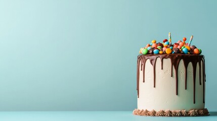 Aufkleber - A vibrant birthday cake features chocolate drips and colorful candies, set against a pastel blue backdrop. Perfect for celebrating joyful occasions