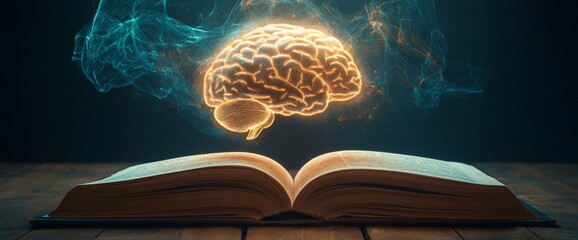 Poster - An open book with a glowing brain above, symbolizing knowledge and intellect.