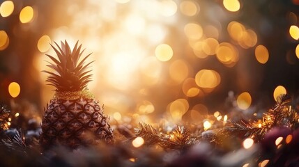 Aufkleber - A pineapple adorned with holiday decorations stands amidst golden tinsel and fairy lights, radiating a cheerful and playful vibe perfect for the festive season