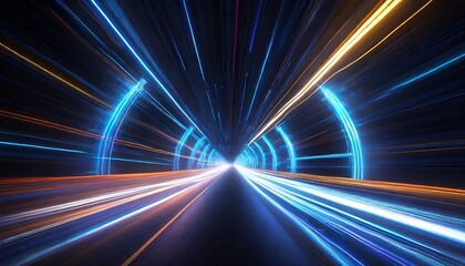 Poster - Speed Motion on a Neon Glowing Road at Night An Abstract Journey Through Blue Lights and Vibrant Perspectives Capturing the Essence of Urban Energy and Dynamic Movement