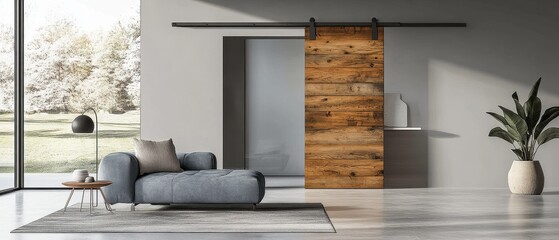 Canvas Print - Modern Living Room Interior Design With Sliding Barn Door