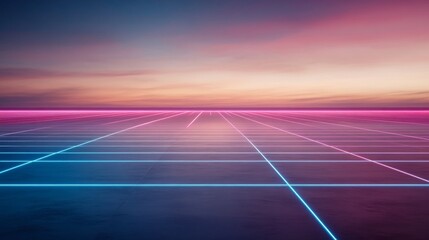Poster - A glowing digital grid features intersecting blue and pink lines, creating a 3D perspective in a clean and geometric style, suggesting a sense of innovation
