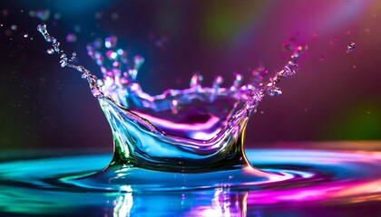 Poster - A Stunning Splash of Water Captured Against a Vibrant Neon Light Background, Showcasing the Intricate Dance of Droplets in a Kaleidoscope of Colorful Reflections and Dynamic Movement