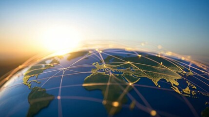Aufkleber - Bright blue and green globe highlights global connections with glowing lines, set against a modern technological backdrop. The composition features ample copy space
